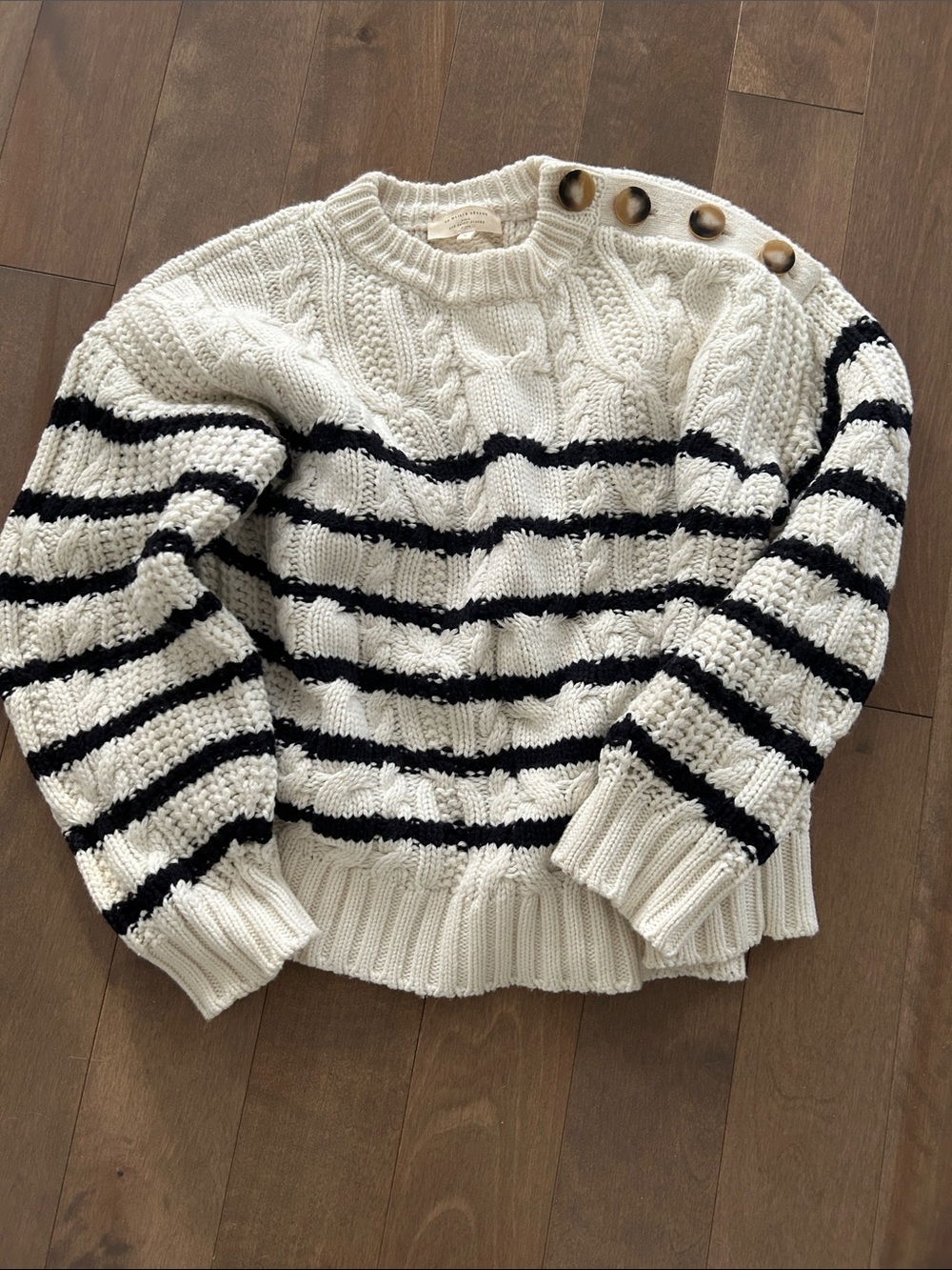 Sezane Striped Cable-Knit Crewneck Sweater in Cream and Navy
